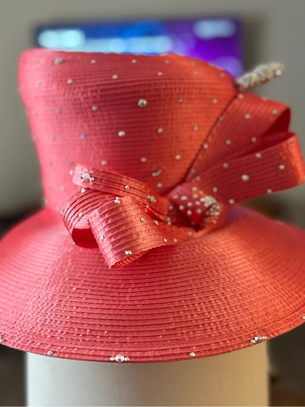Rhinestone Embellished Coral Wide-Brim Hat with Statement Bow